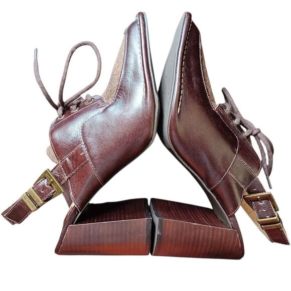 Antonio Melani Shoes 9M Brown Leather Felt Block Heel Slingback Lace Up Retro - Picture 4 of 9
